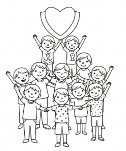 Viele Kinder, die sich an den Händen fassen und ein großes Herz nach oben halten.